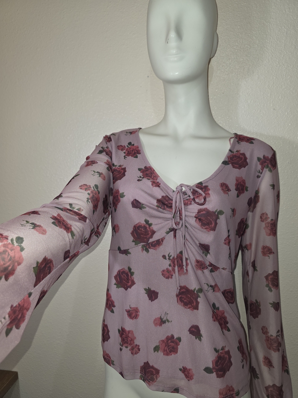 Self Esteem Pink Rose-Print Long Sleeve Tie-Front Top